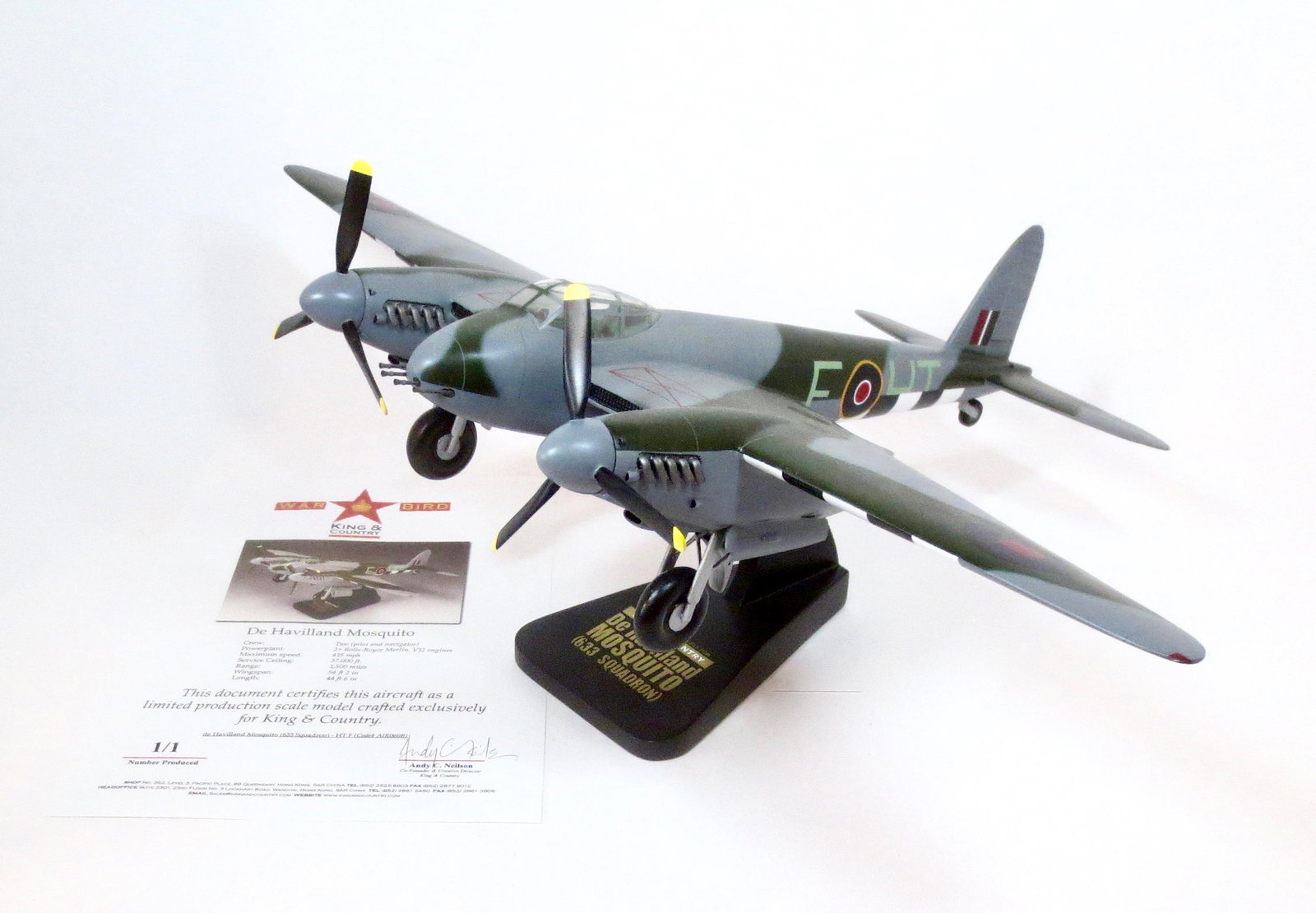King & Country RARE De Havilland Mosquito: War Bird. Limited edition, only one ever produced. K&C War Birds are miniature 1:30 scale aircraft models of the highest caliber. Each is hand-carved (from the finest kiln-dried mahogany) and hand-pai
