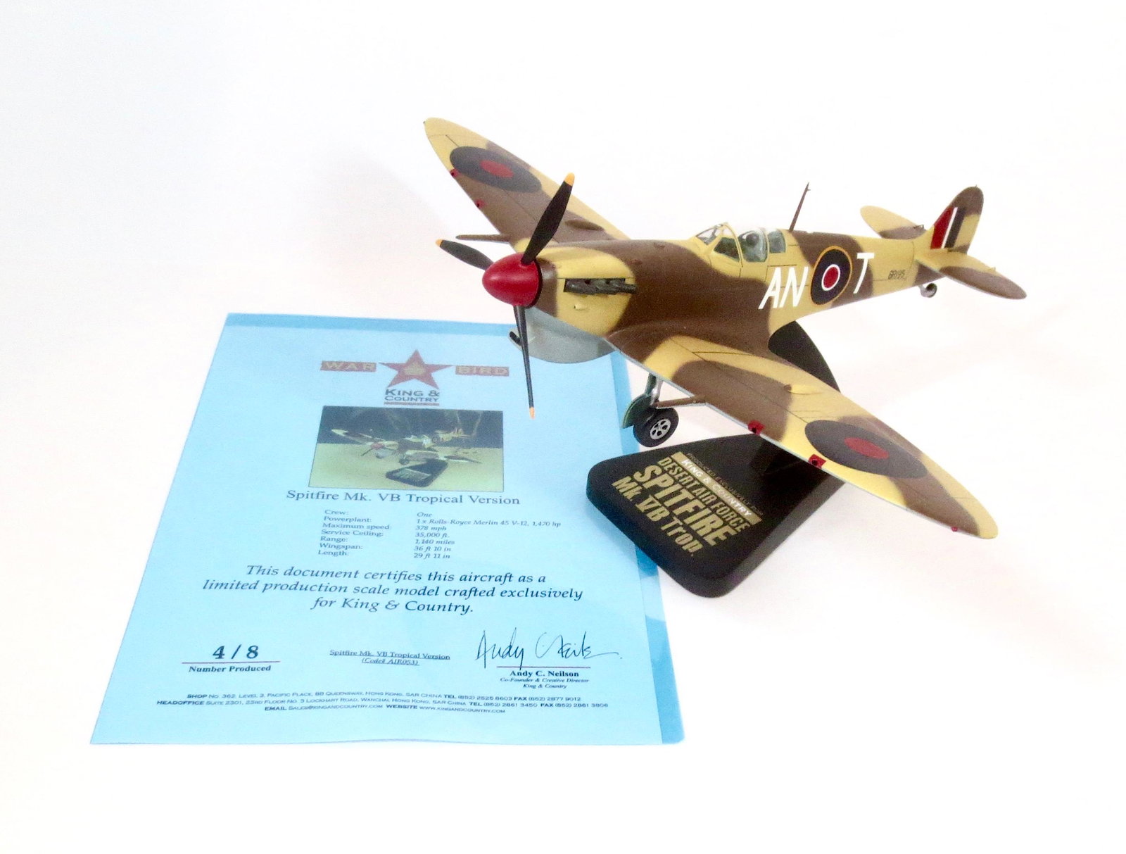 King & Country RARE Spitfire MK VB War Bird: Tropical Version. Limited edition, number four of only eight produced. K&C War Birds are miniature 1:30 scale aircraft models of the highest caliber. Each is hand-carved (from the finest kiln-dried ma
