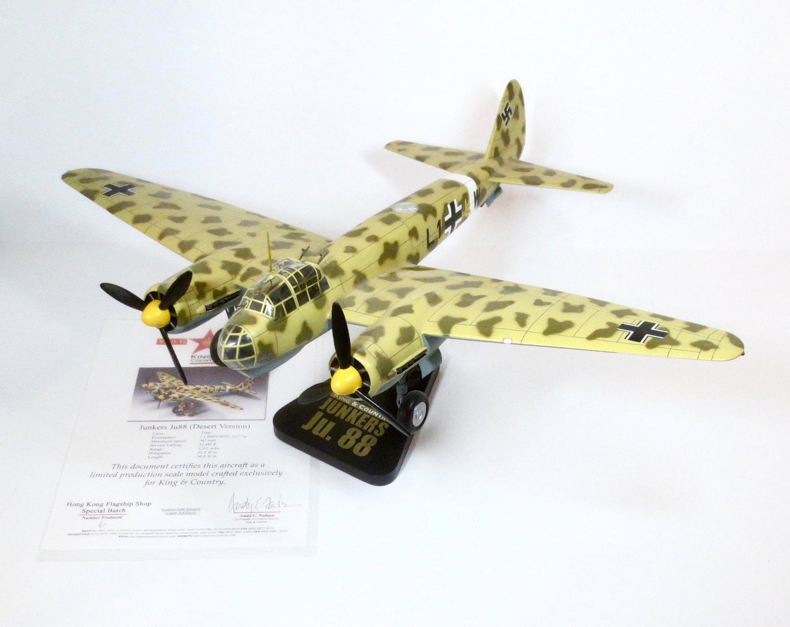 King & Country Junker's Ju.88 War Bird: Desert Version. Limited edition, one of only six produced. K&C War Birds are miniature 1:30 scale aircraft models of the highest caliber. Each is hand-carved (from the finest kiln-dried mahogany) and 