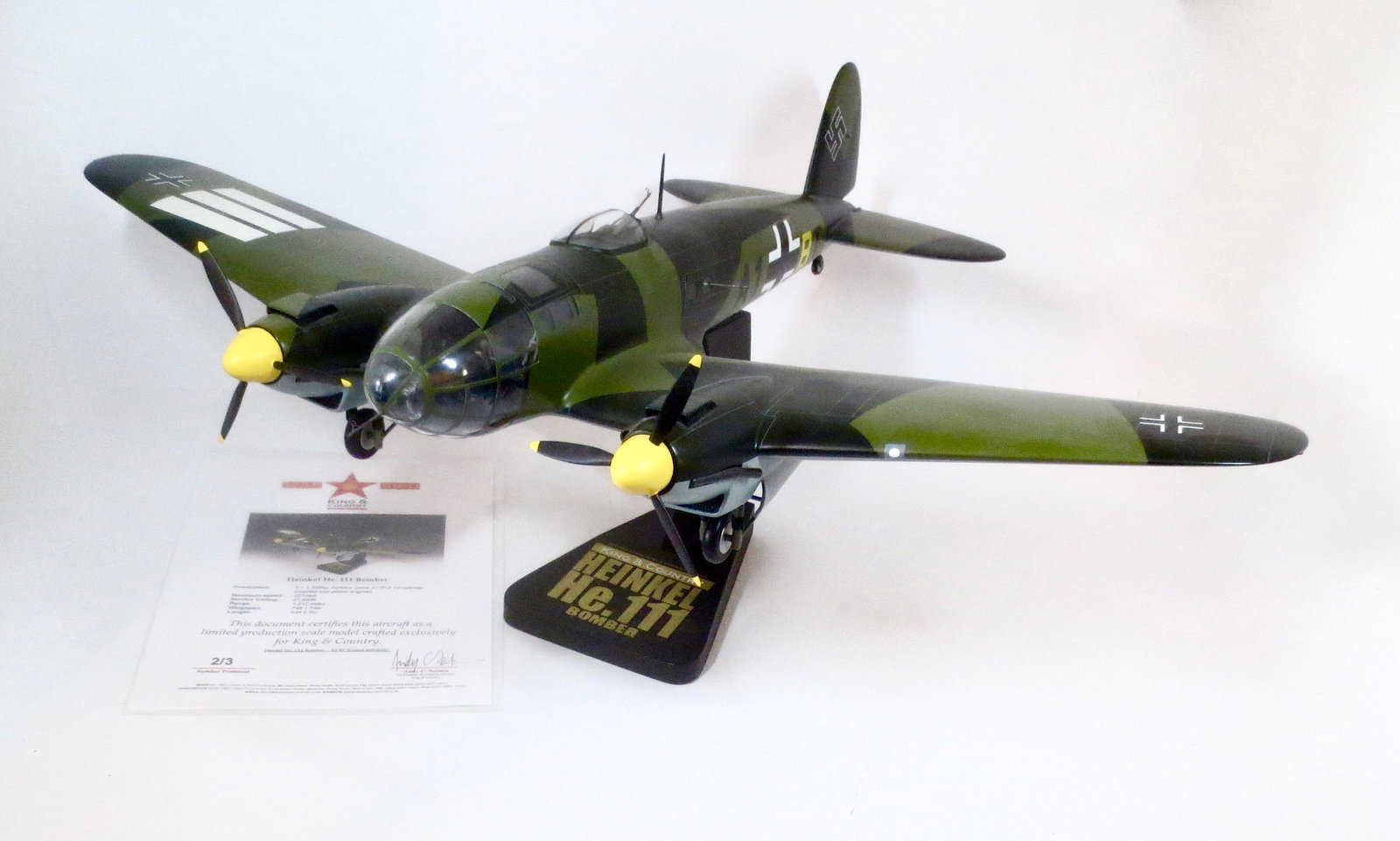 King & Country Heinkel He.111 Bomber: Limited edition, one of only three produced. K&C War Birds are miniature 1:30 scale aircraft models of the highest caliber. Each is hand-carved (from the finest kiln-dried mahogany) and hand-painted t