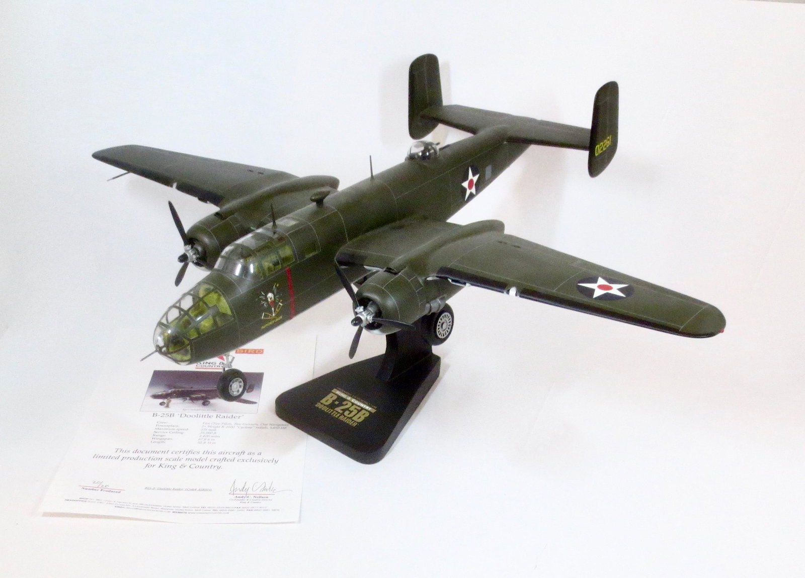 King & Country B-25B "Doolittle Raider": War Bird. Limited edition, one of only twenty produced. K&C War Birds are miniature 1:30 scale aircraft models of the highest caliber. Each is hand-carved (from the finest kiln-dried mahogany) and han