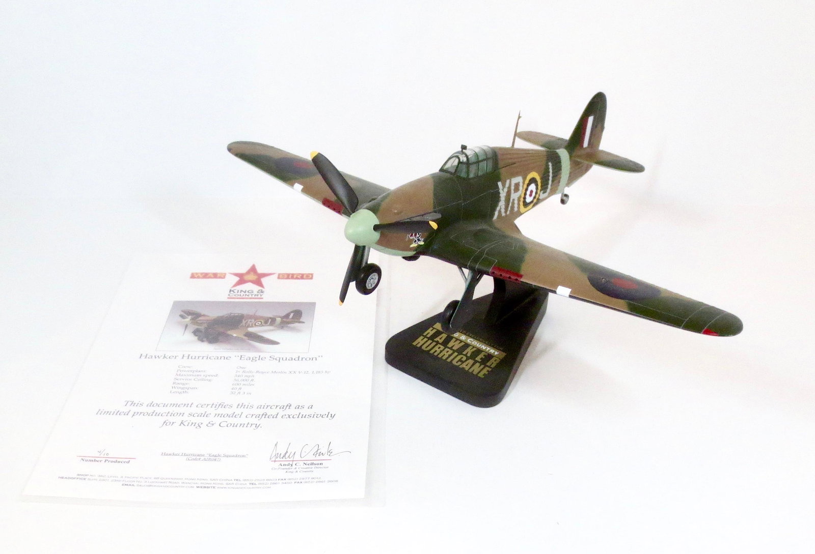 King & Country "Hawker Hurricane" War Bird: War Bird. Limited edition, one of only ten produced. K&C War Birds are miniature 1:30 scale aircraft models of the highest caliber. Each is hand-carved (from the finest kiln-dried mahogany) and hand-p