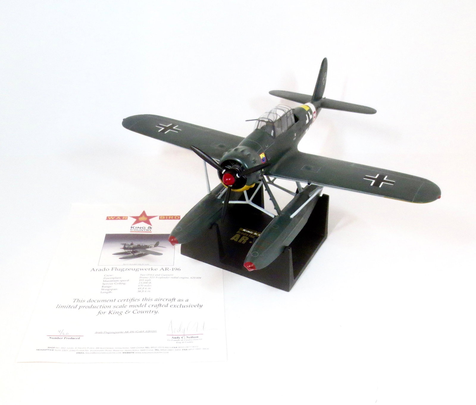 King & Country "Arado Flugzeugwerke": AR-196. War Bird. Limited edition, one of only twenty produced. K&C War Birds are miniature 1:30 scale aircraft models of the highest caliber. Each is hand-carved (from the finest kiln-dried mahogany)