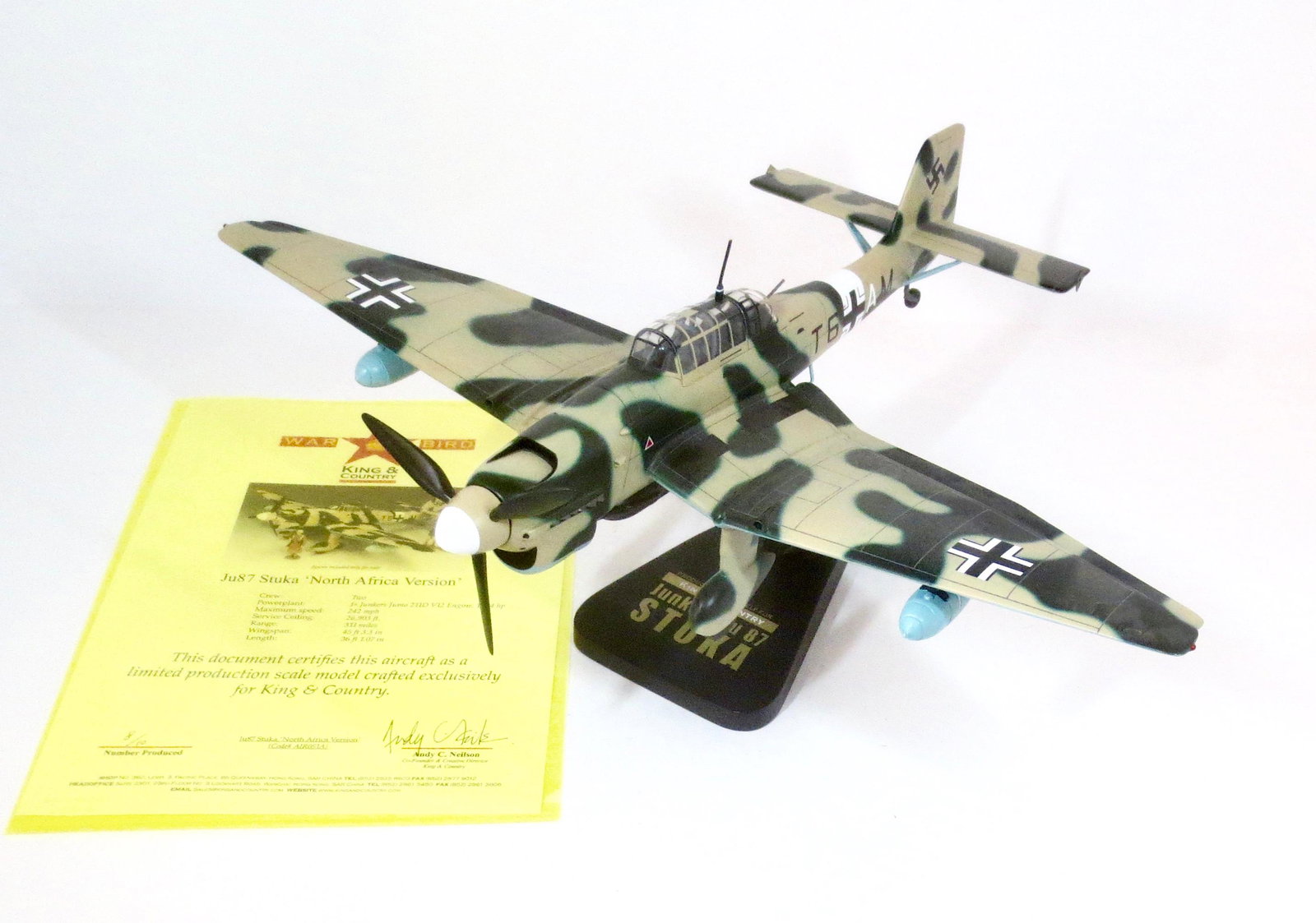 King & Country Junker's Ju.87 War Bird: Stuka War Bird. North Afrika version. Limited edition, one of only ten produced. K&C War Birds are miniature 1:30 scale aircraft models of the highest caliber. Each is hand-carved (from the finest kil