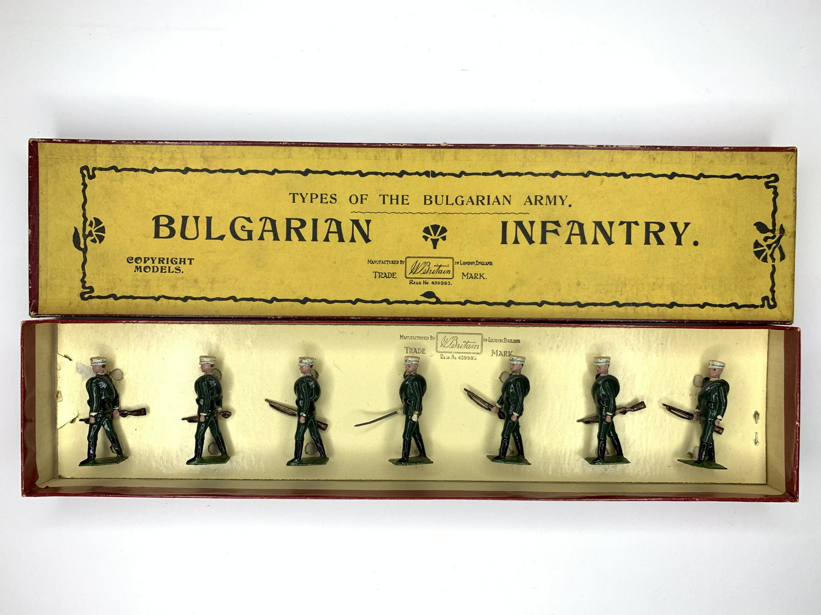 Britains Set #172 Bulgarian Infantry: Pre War. In original box with Post War tie card. 7 Pieces. Condition Figures Excellent (Non-matching). Condition Box Excellent.