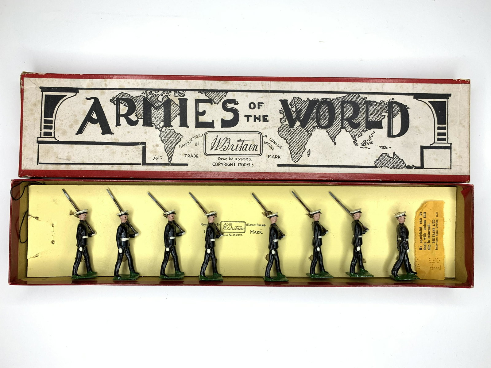 Britains Set #1835 Argentine Naval Cadets: Circa 1940. In original box with original tie card. 8 Pieces. Condition Figures Excellent. Condition Box Excellent.