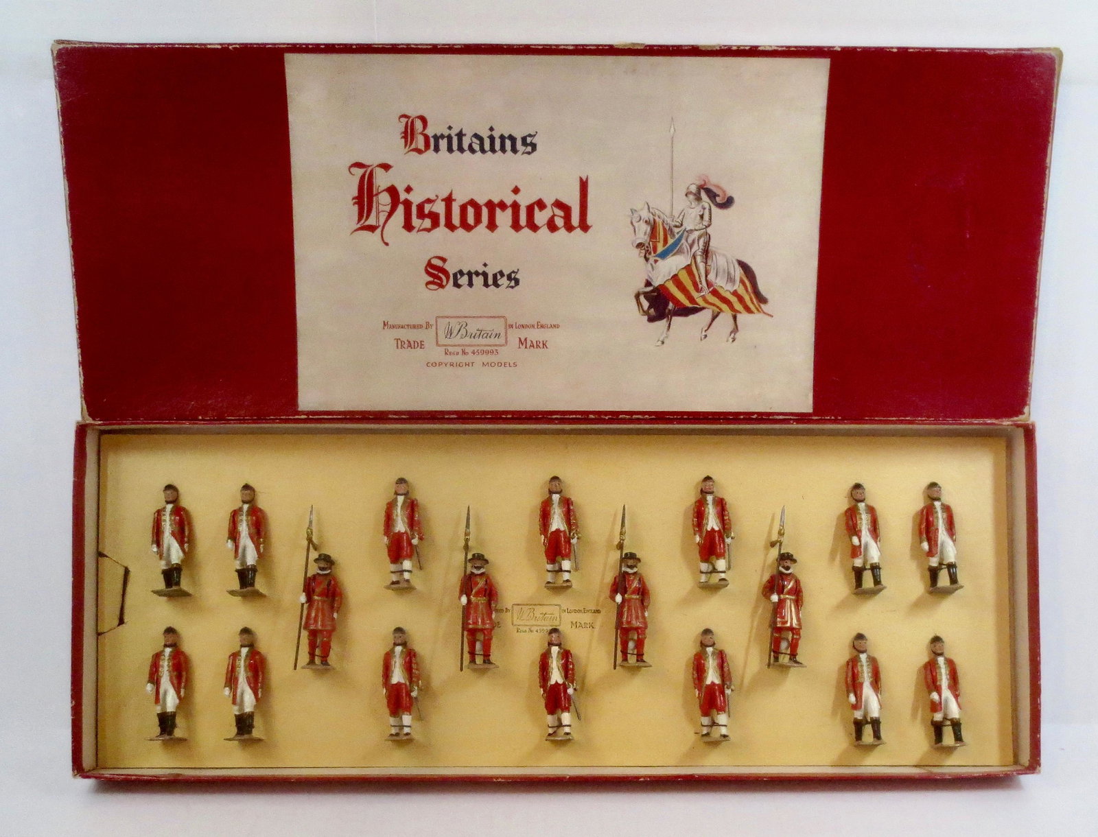 Britains #1475 Royal Household Display Set: Beefeaters, Outriders and Footmen of the Royal Household. Post War, tied in Historical Series box. 18 pieces. Mint condition. Box very good (some edge wear and 4 top corner splits).