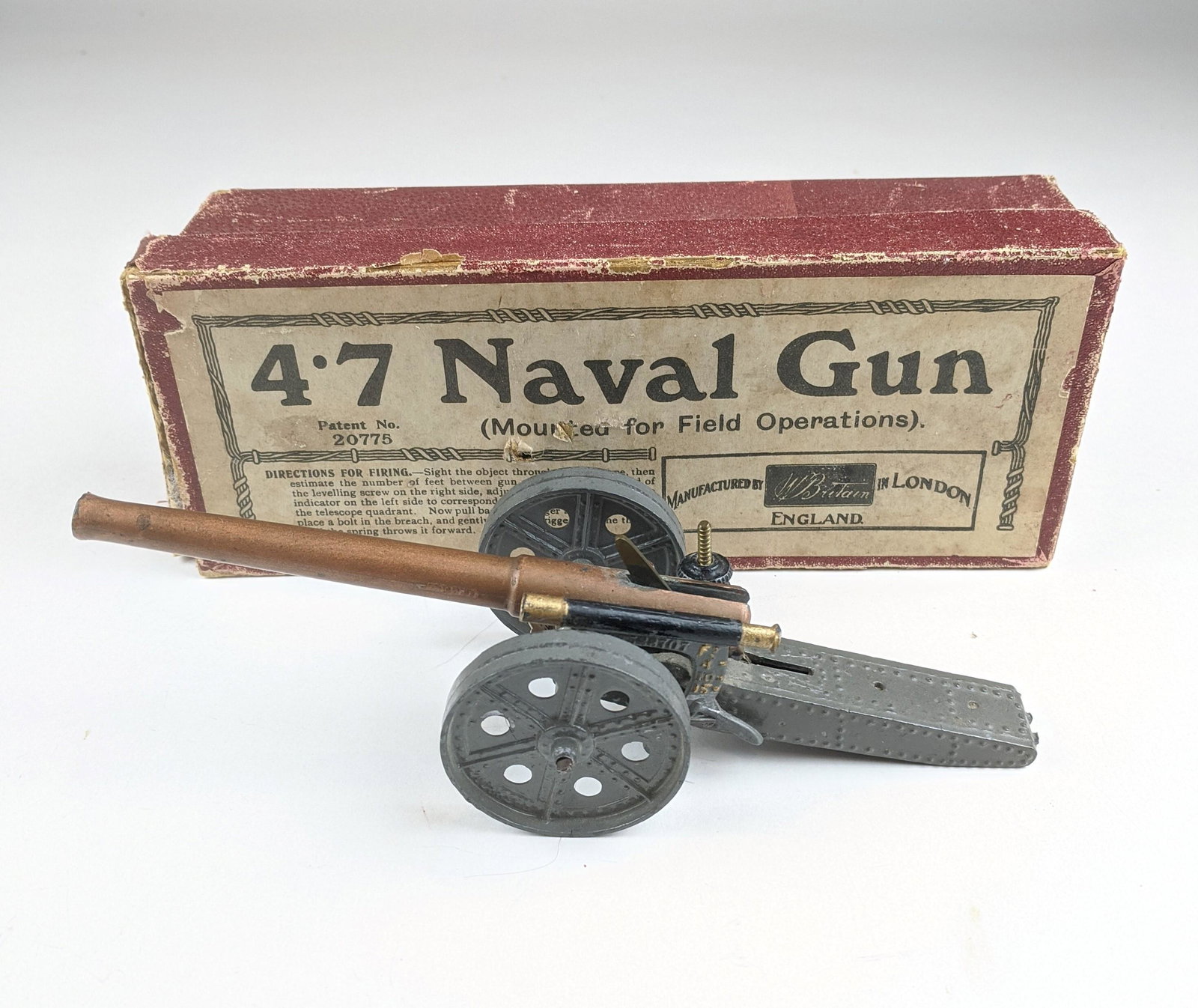 Britains #1264 4.7 Naval Gun: 1 Piece Condition Good Paint Touched Up Towing Loop Broken Box Very Good Pre War