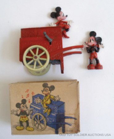 Salco RARE Mickey and Minnie's Barrel Organ: Salco RARE Mickey and Minnie's Barrel Organ with original Illustrated box. Post War 1946. 3 Pieces. Condition Very Good. Box Good