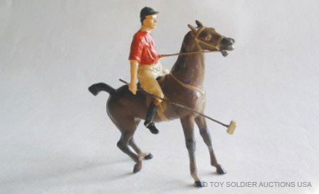 Heyde. Polo Player on standing Horse w/ Polo stick: Heyde. Polo Player on standing Horse with Polo stick by side. Red Shirt.110mm scale. Pre War German Circa 1930. 1 Piece.. Condition Excellent