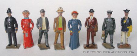 Britains #168 Civilians - Ladies, Yachtsmen, etc.: Britains From Set # 168 Civilians. Unboxed. Edwardian Ladies in Red (Paint chip to Coat) and Blue Coats, Yachtsman (Paint chips to Trousers), Man in Panama Hat, Man Standing in Brown Suit, Coat over A