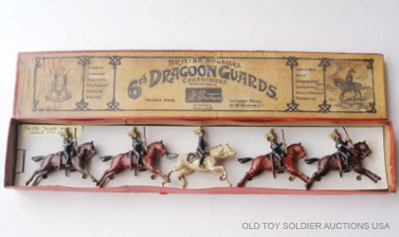 Britains Set # 106 6th Dragoon Guards Carabiniers: Britains Set # 106 6th Dragoon Guards Carabiniers Tied in original Whisstock box. VERY RARE VERSION. One eared Galloping Horse. Troopers carry Long Carbine dating the set to 1916-1917 only. 5 Pieces. 