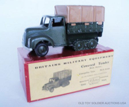 Britains Set # 1433 Covered Army Tender Caterpilla: Britains Set # 1433 Covered Army Tender Caterpillar Type with original illustrated box. Post War 1957-1960 Split Windscreen Fixed Doors Version. 1 Piece. Condition Very Good (Minor chip on top of Cab)
