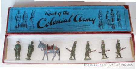 Britains # 1893 Indian Army Service Corps - Mule: Britains Set # 1893 Indian Army Service Corps with Mule. In original Types of the Colonial Army Box. Untied No Tie Card. Post War 1946-1959 –7 Pieces. Condition Excellent. Box Good (Split to 4 corne