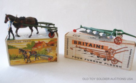 Britains Set # 9f Farm Roller- Sectional Style: Britains Set # 9f Farm Roller- Sectional Style with Stable Lad in original "Duck" illustrated box and Set # 9551 Four Furrow Plough in original box. Condition Excellent Boxes Excellent.
