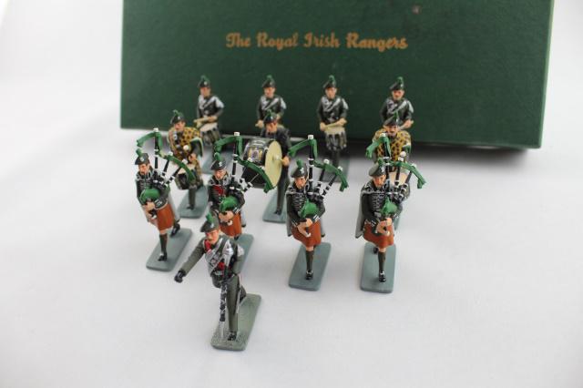 Irish Toy Soldier Museum RIR Pipes & Drums: 12-pc Royal Irish Rangers Pipes & Drums set, 54 mm, circa 1990, exquisite detail. MIB.