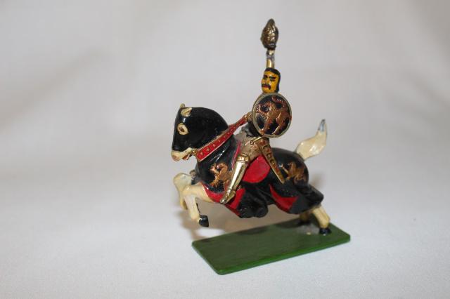 Minikin mounted King Henry IV of England: 1 pc, 54 mm, King Henry IV with shield, holding helmet, stamped on bottom of base, "Made in Occupied Japan," E/M, no box.