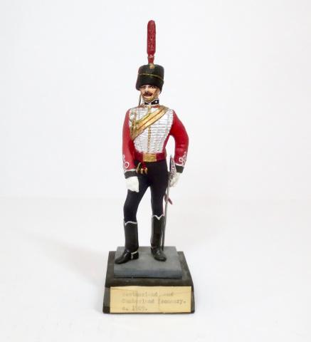 H.W. Willetts Westmorland Yeomanry 1909: Handcrafted and painted plaster military model by Howard F. Willetts of Ilford, England. Circa 1966. Measures about 7" tall on base. Excellent condition (chip in helmet top, plume repaired, title scot