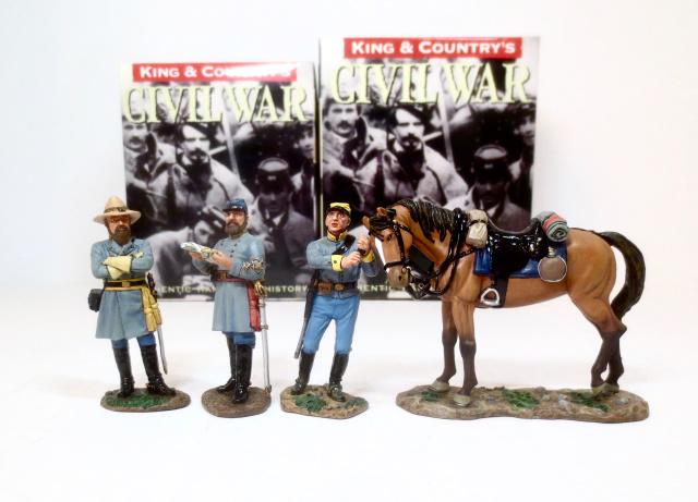 King & Country American Civil War Confederates: Jackson & Longstreet #CW057, and Trooper with horse #CW044. Retired figures. 3 pieces. Mint condition. Box excellent.