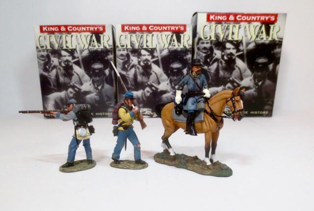 King & Country American Civil War Confederates: Trio of Confederate soldiers #CW016, #CW021, and #CW001. Retired figures. Mint condition. Boxes excellent. 3 Pieces.