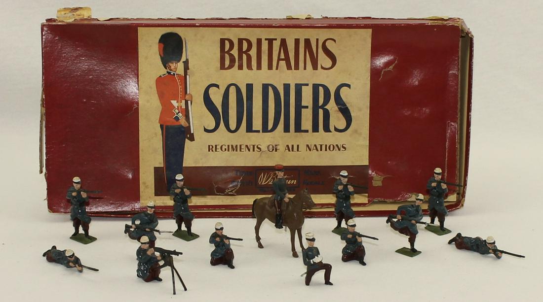Britains From #2095 French Foreign Legion: In ROAN Box. 13 Pieces. Condition Good to Very Good. Box Fair Tattered.