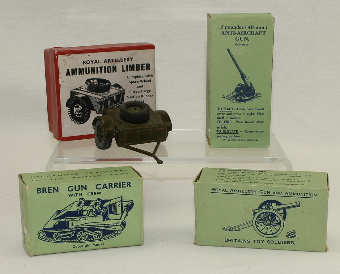 Britains Lot of Artillery Guns and Limber: Lot includes #1263 Royal Artillery Gun, #1715 2 Pounder Anti-Aircraft Gun, #1726 Royal Artillery Ammunition Limber and #1876 Bren Gun Carrier with Crew. 7 Pieces. Condition Very Good to Mint. Boxes Ve