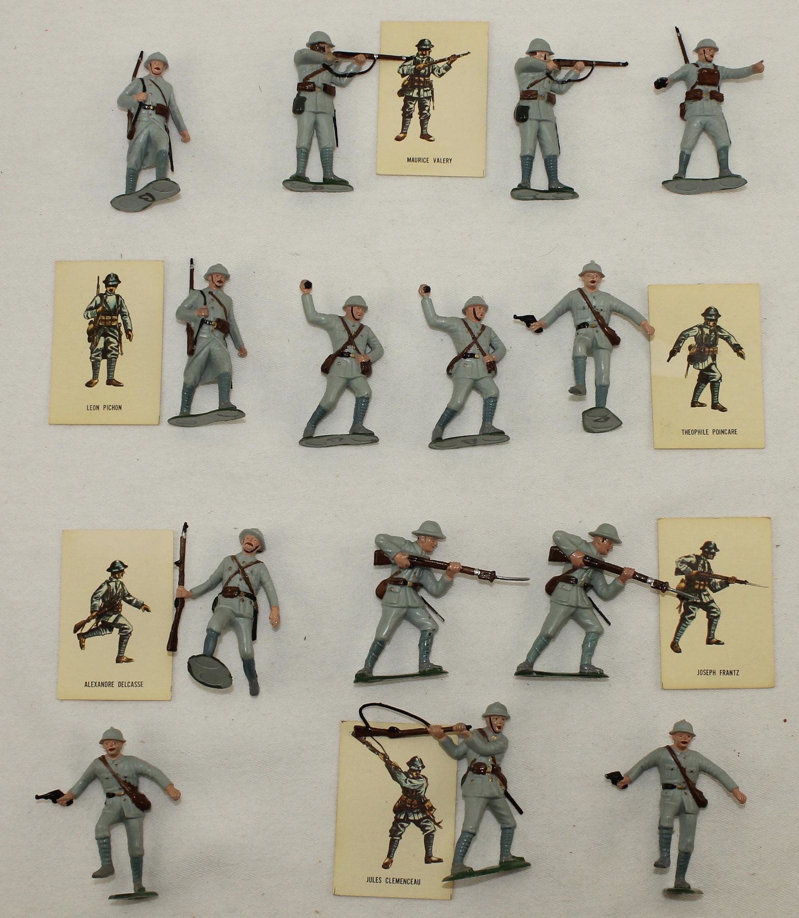 Marx Lot Assortment of Belgians: Factory Painted in Various Positions. Includes 6 Identification Cards. Plastic. 20 Pieces. Condition Very Good. No Boxes.