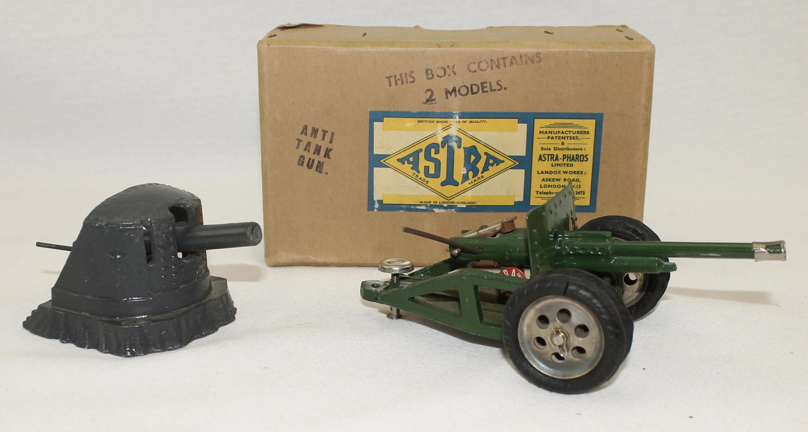 Astra Anti-Tank Gun Lot: Lot includes Anti-Aircraft Gun in Box and Fortress Gun by Unknown Maker. 2 Pieces. Condition Good to Very Good. Box Good.