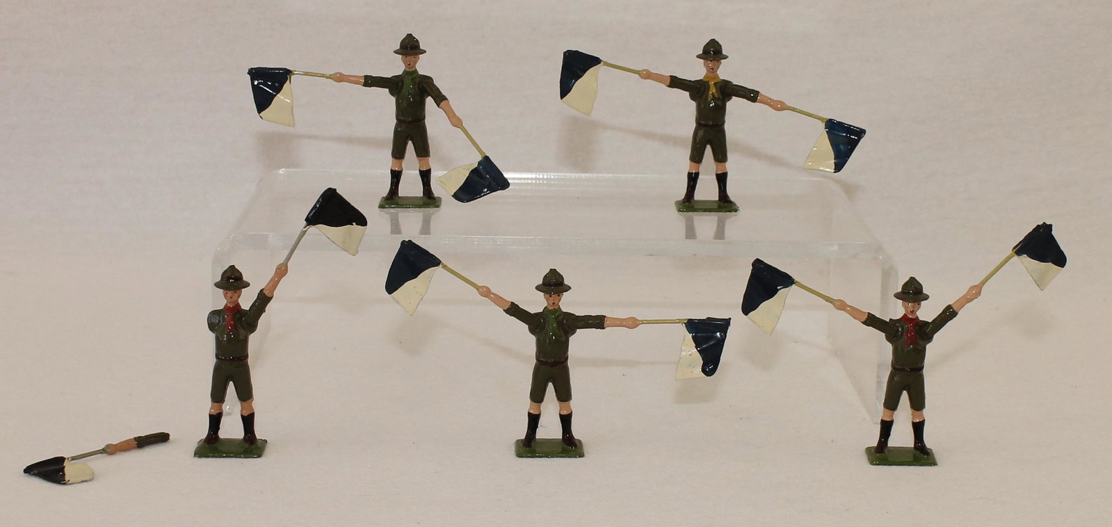 Britains #163 Boy Scout Signalers: Post War. Made 1954-59. 5 Pieces. Condition Very Good to Excellent. One Arm Broken. No Box.