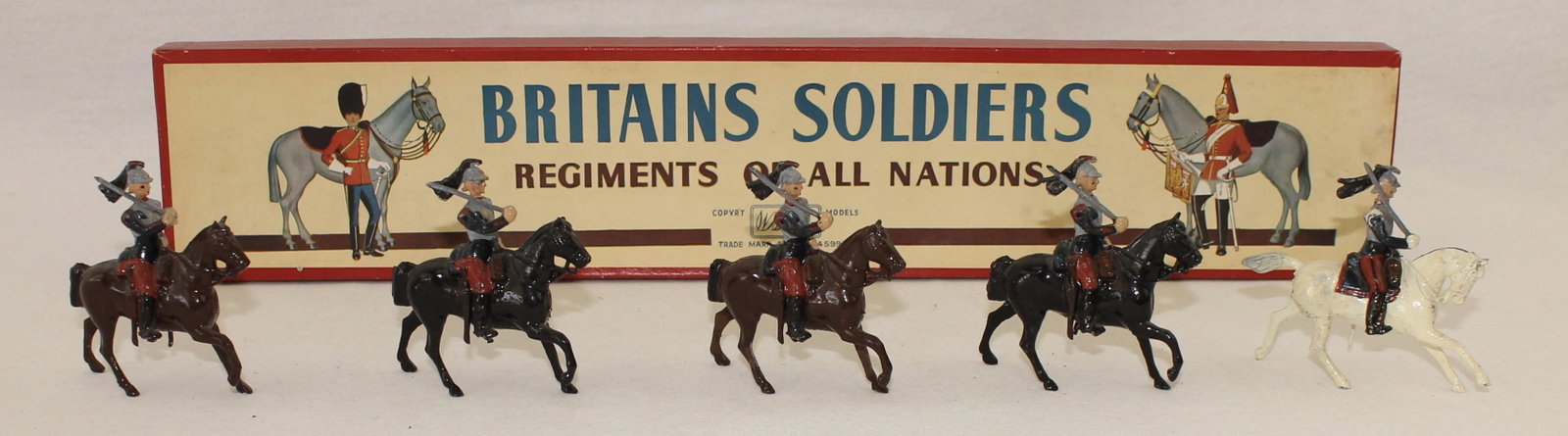 Britains #138 French Cuirassiers: Post War. In ROAN Box. 5 Pieces. Condition Very Good. Some Lead Disease Present In Swords and Cuirasses. Box Excellent.
