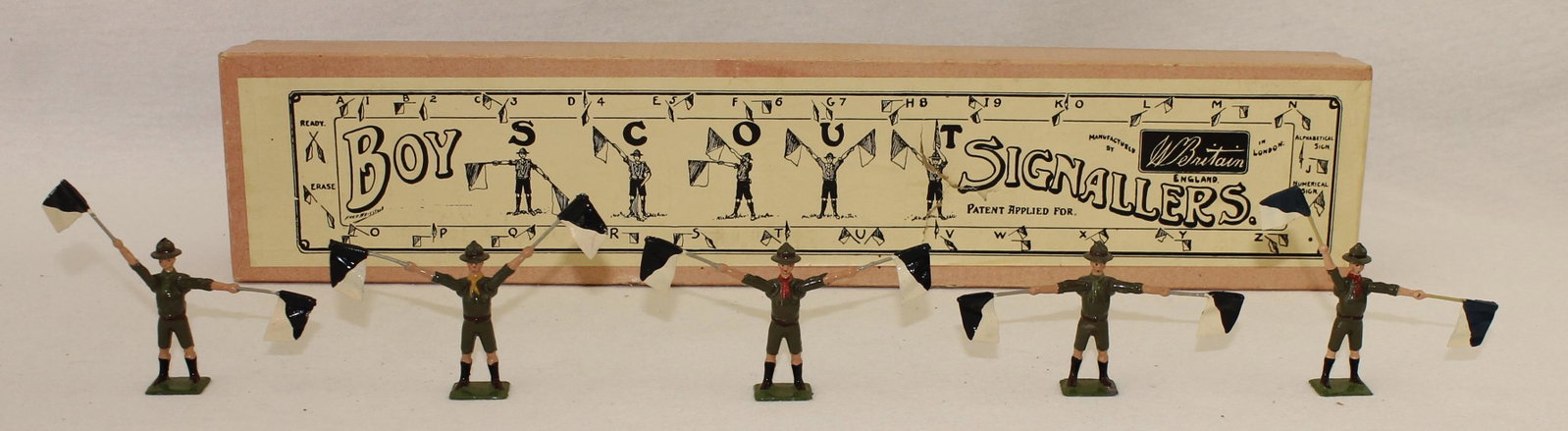 Britains #163 Boy Scout Signalers: Post War. 5 Pieces. Condition Excellent. Box Very Good. Sun Faded. Puncture Tear to Lid.