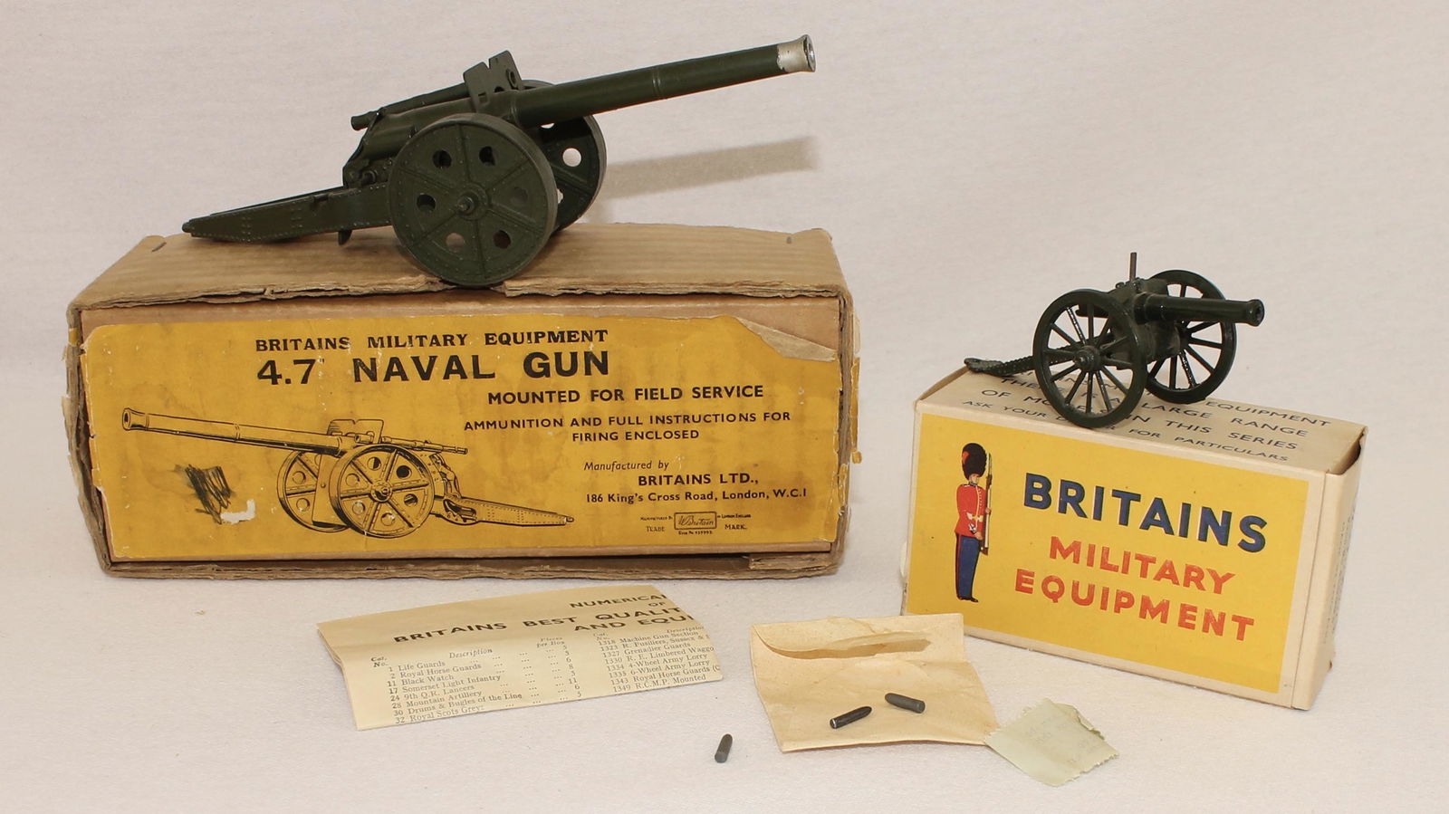 Britains Lot of Artillery: Post War. Lot Includes #1264 4.7" Naval Gun and #1263 Royal Artillery Gun. 2 Pieces. Condition Very Good to Excellent. Box Good.