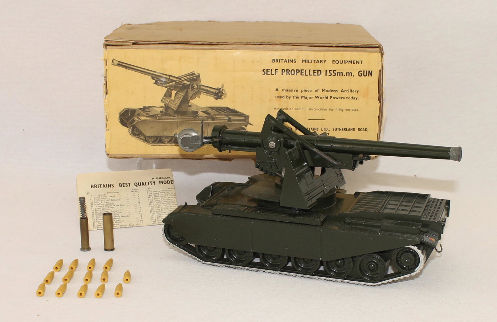 Britains #2175 Self Propelled 155mm Gun: Post War. 1 Piece. Condition Excellent. Box Good to Very Good.