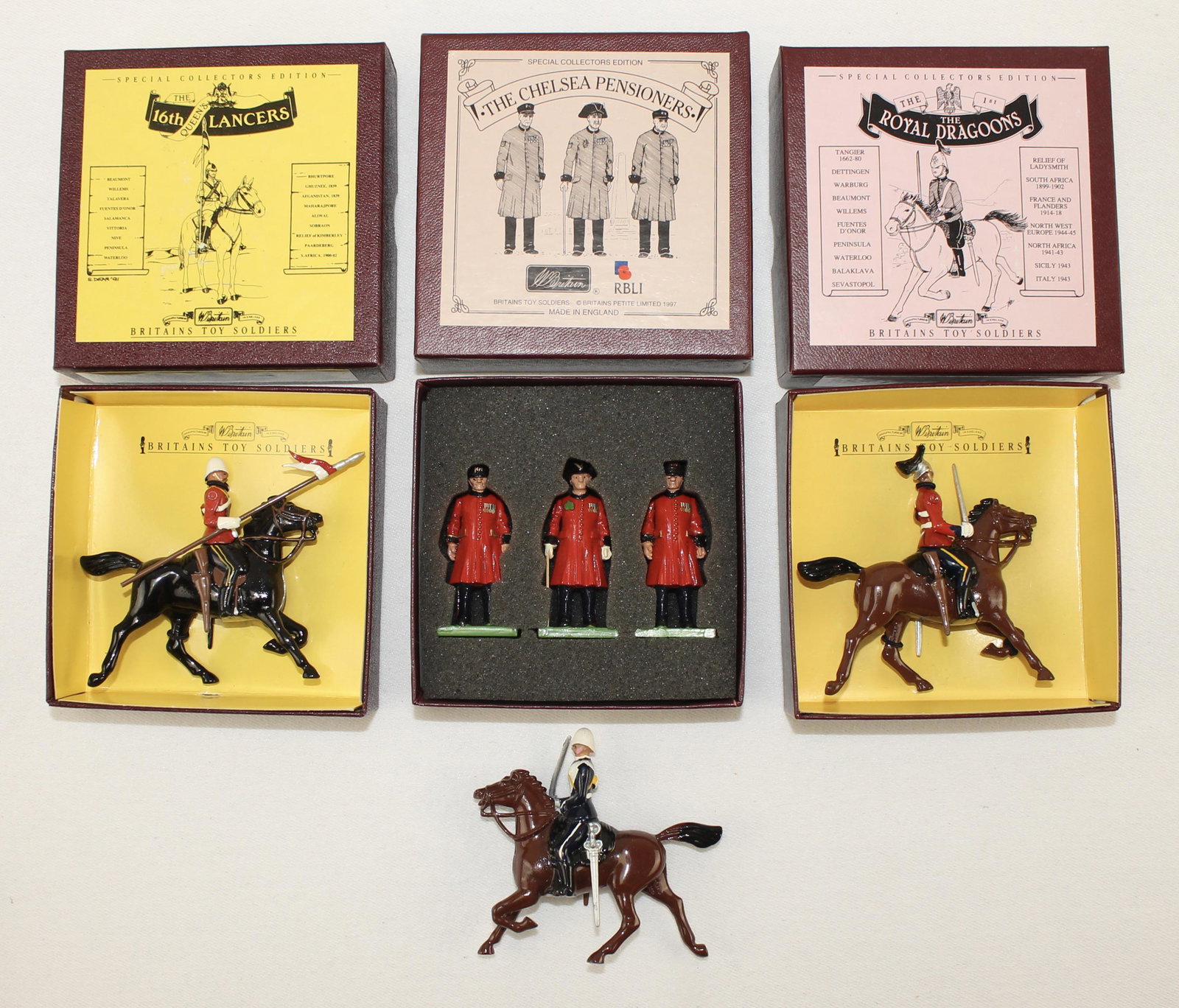 Britains Lot Chelsea Pensioners and Lancers: Lot includes Chelsea Pensioners Limited Edition #1265 of 2000, #8819 16th Lancer, #8830 Royal Dragoon and an Unboxed 17th Lancer. 6 Pieces. Condition Excellent. Boxes Excellent.