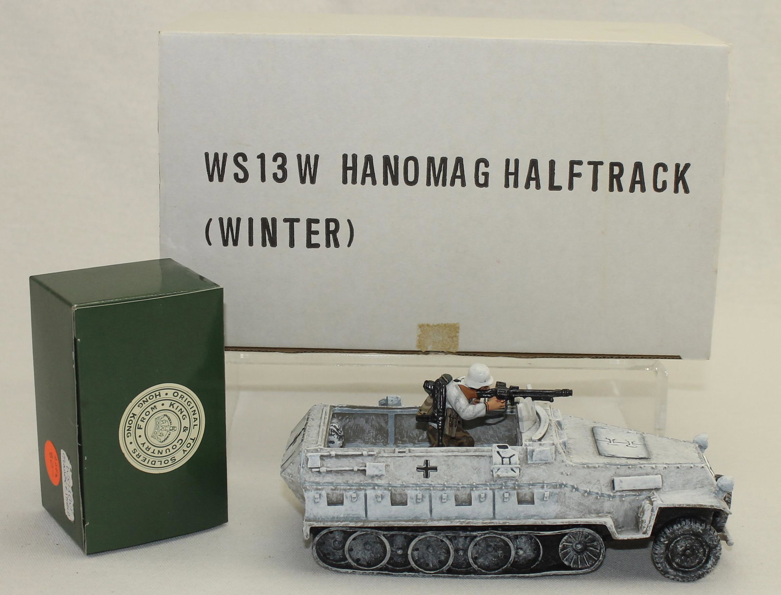 King & Country #WS013W German Hanomag with Crew: In Winter Camouflage. Rare Early Version. 3 Pieces. Condition Near Mint. Box Very Good.
