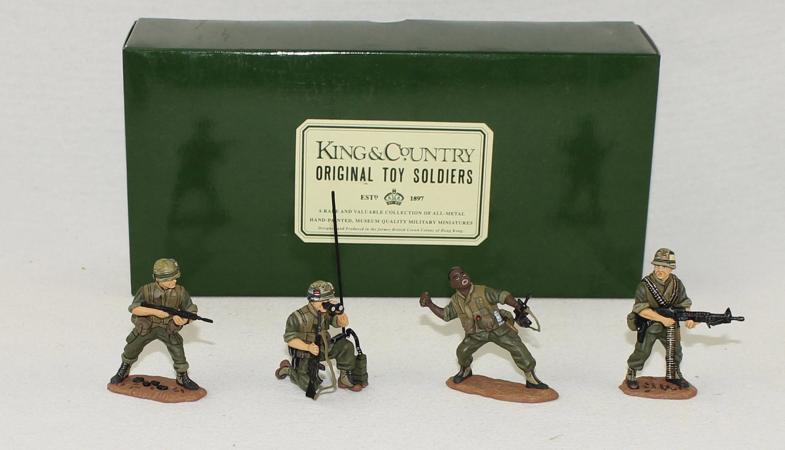 King & Country #VN006 US Soldiers in Action: Viet Nam Series. Long Retired. Scarce. 4 Pieces. Condition Near Mint. Box Excellent.