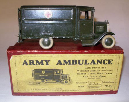 Britains Set # 1512 Square Nose Ambulance: Britains Set # 1512 Square Nose Ambulance with Driver with original illustrated box. Pre War. 1937-1941 Only, No stretcher or wounded. (One rear door missing hinge)
