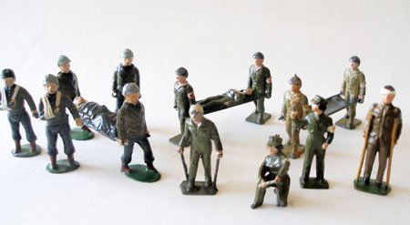 Charbens and Cherilea Medical grouping.: Charbens and Cherilea Medical grouping. Cherilea Mash Nurses kneeling and standing, two Cherilea Stretcher parties, one with wounded, a walking wounded with walking sticks. Charbens GI Stretcher Party