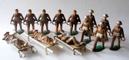 Barclay and Manoil Dimestore Stretcher Bearers, etc.: Barclay and Manoil Dimestore Stretcher Bearers, Wounded and Stretchers. 16 Pieces