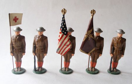 Five & Dime Ed Poole New Dimestore US Khaki Color Guard: Five and Dime Ed Poole New Dimestore US Khaki Color Guard and Soldier with Red Cross Flag. 5 Pieces.