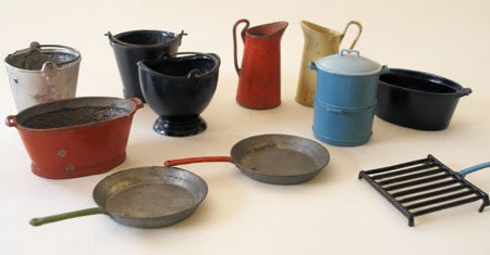 Britains Pots and Pans, Coal Scuttle, Grill, Buckets, : Britains Pots and Pans, Coal Scuttle, Grill, Buckets, Water Jugs and Baths. 12 Pieces.