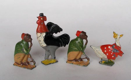 Britains Cadbury Cococubs. Squire Rooster, Monty Monkey: Britains Cadbury Cococubs. Squire Rooster, two Monty Monkeys and Mrs Cackle Goose, Circa 1935. 4 Pieces