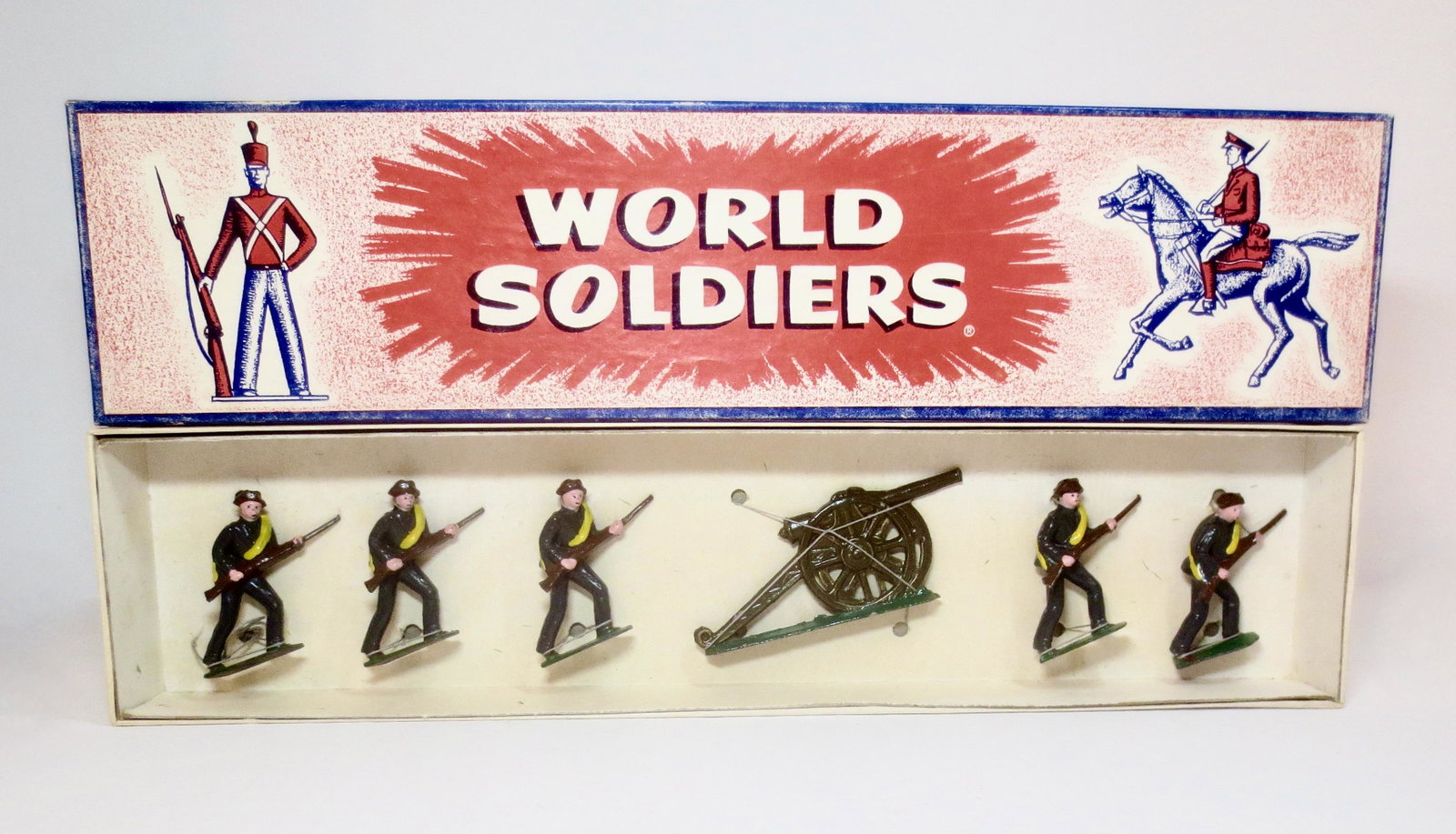 Jones Confederate Infantry of 1861: U.S. Civil War Confederates attacking with Artillery gun. 6 pieces. Mint condition, tied in the original "World Soldiers" illustrated label box. Box excellent.