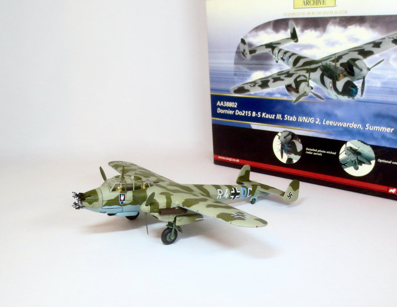 Corgi #AA38802 The Aviation Archive: Dornier DoB-5 Kauz III, Stab II/NJG2. Summer 1942. 1:72 scale. Very good condition (missing stand). Box excellent. **Additional $30 shipping charge due to large lot size**