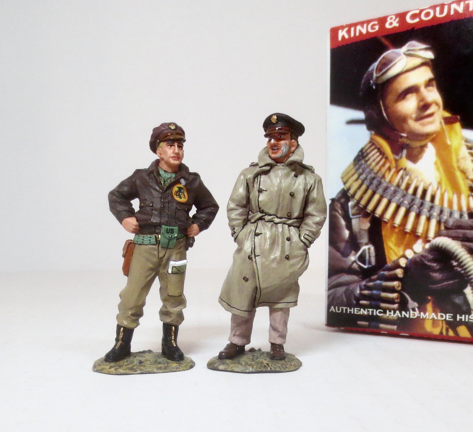 King & Country WWII Air Force Figures: Retired figures. #AF007 Lt. Dick Rabb and #AF003 Captain Brett Cutler. 2 pieces. Near mint to excellent condition. One box in excellent condition.