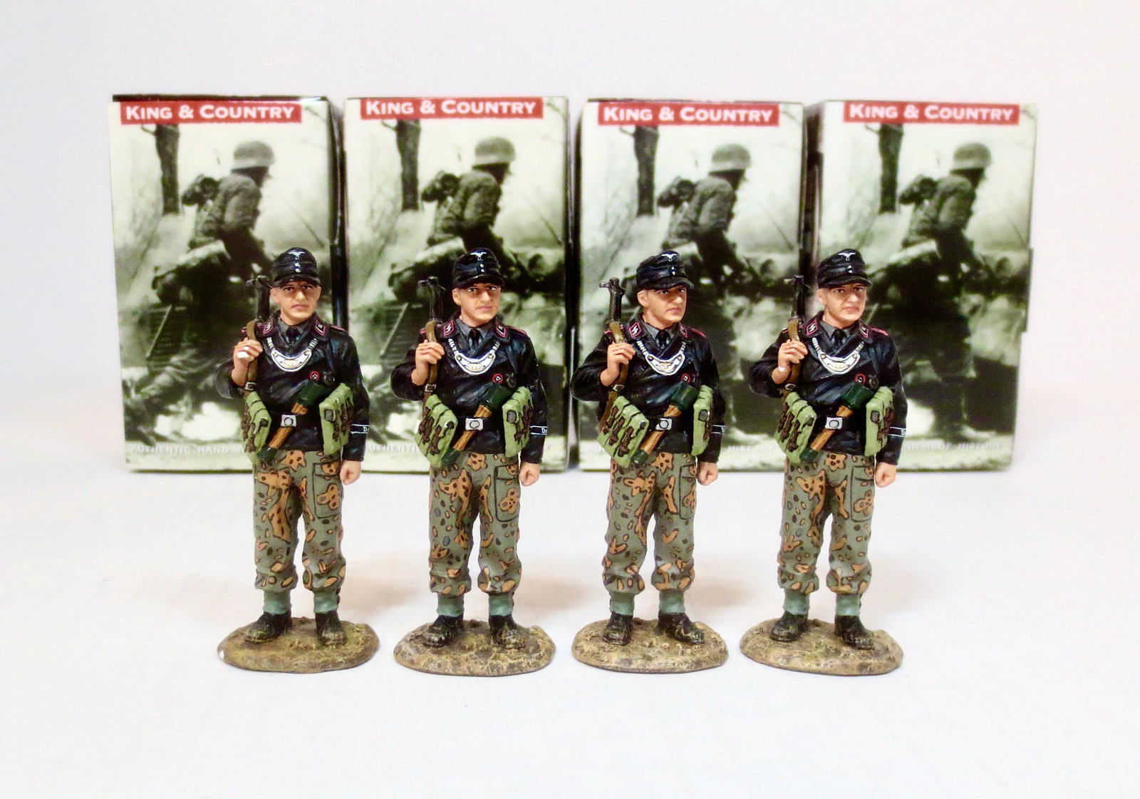 King & Country #WS159 “Panzer Feldgendarme”: Retired. Like all branches of the German military the Panzers had their own “Chained Dogs” or M.P.’s. 4 pieces. Near mint condition. Boxes excellent to good condition (two with wrong id labels, 