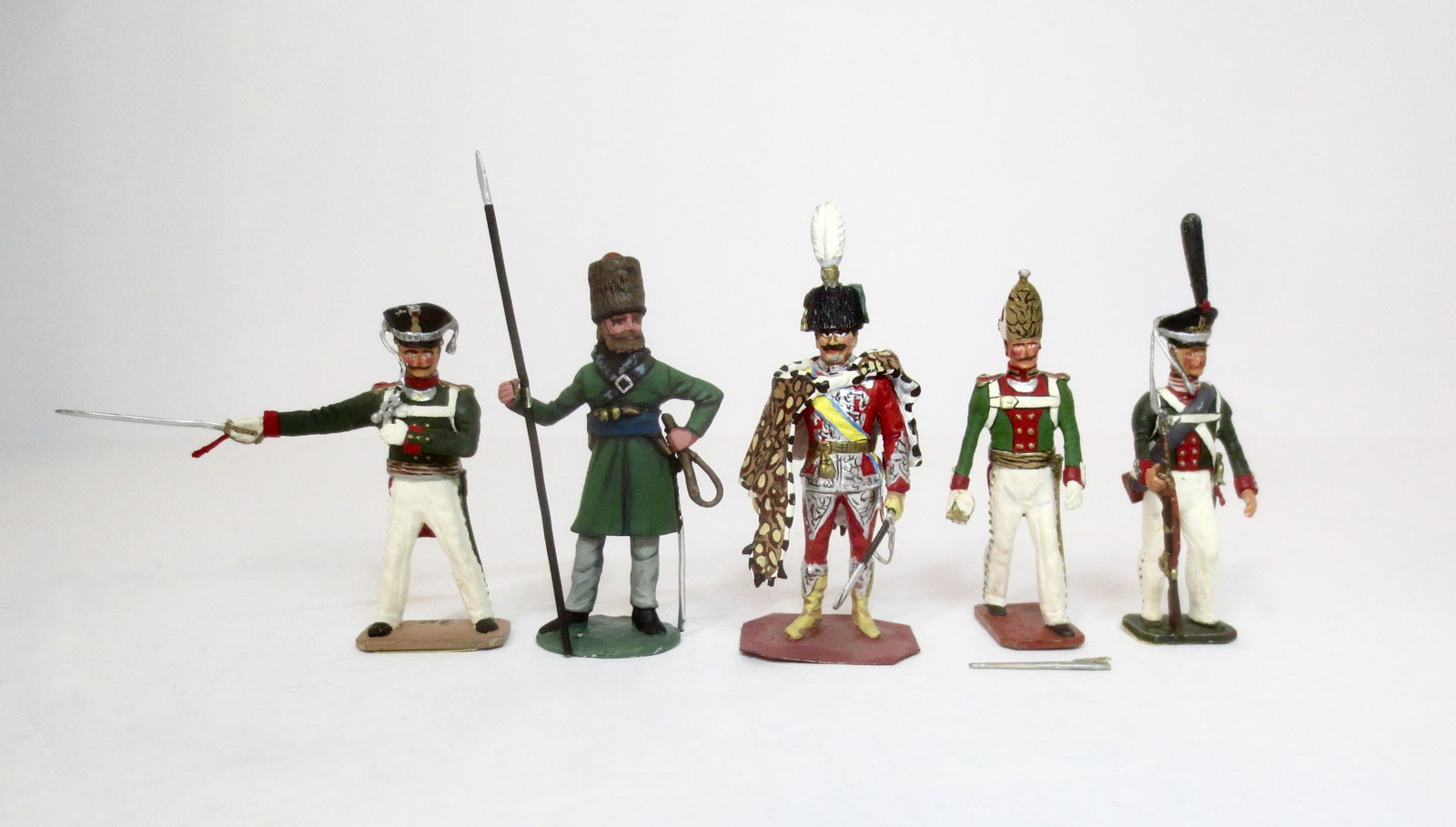 Selection of Military Model Figures: Russian Grenadier, Guard (loose pike), Austro Hungarian Noble, Grenadier (loose sword), and Grenadier with Rifle. 5 pieces. Excellent to good condition. No boxes.
