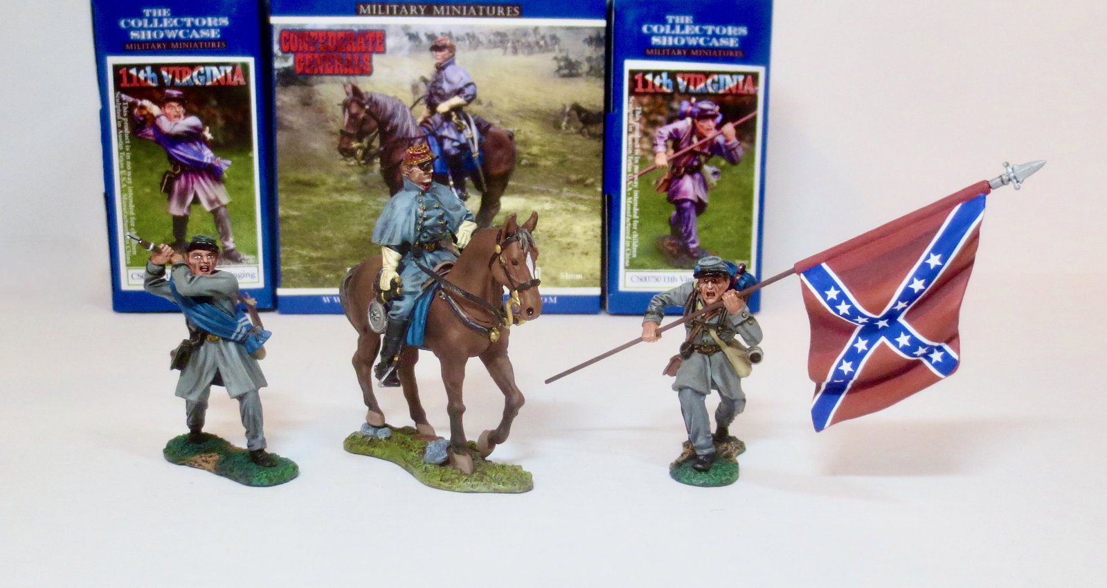 Collector's Showcase Civil War Confederates: 3 pieces. John Pelham Mounted #CS00529, 11th Virginia Swinging #CS00755, 11th Virginia Flagbearer #CS00750. Mint condition. Boxes excellent.