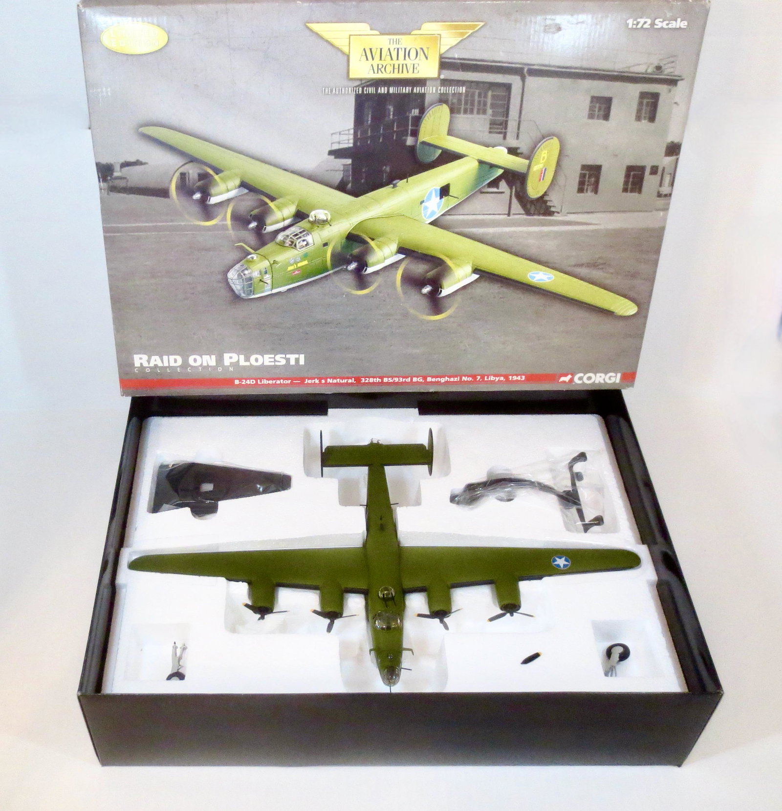 Corgi #US34013 The Aviation Archive: The Liberator "Raid on Ploesti", Libya 1943. 1:72 scale. 5 pieces. Good condition (one loose propeller blade, included for repair). Box excellent. *Additional $10 Shipping Cost Due to Large Lot Size*