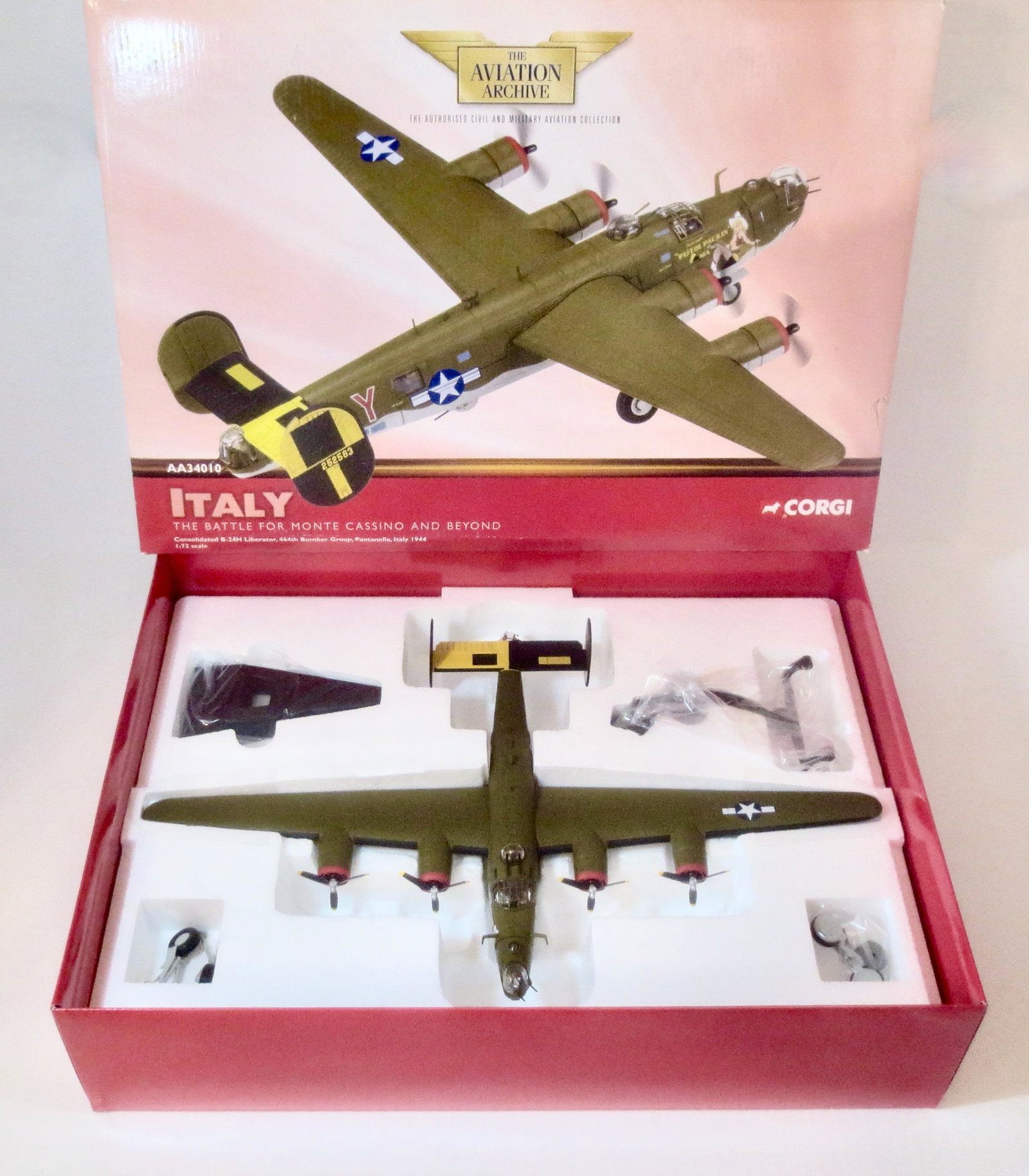 Corgi #AA34010 The Aviation Archive: B-24H Liberator, 464th Bomber Group, Italy 1944. "The Battle For Monte Cassino And Beyond". 1:72 scale. 6 pieces. Excellent condition. Box good (one top corner split and dent on side). *Additional $10